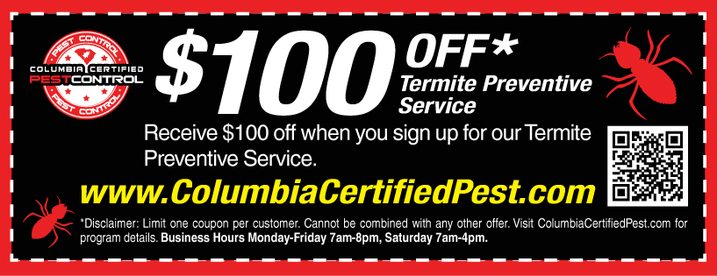 $100 off Termite Treatment from Columbia Certified Pest Control SC